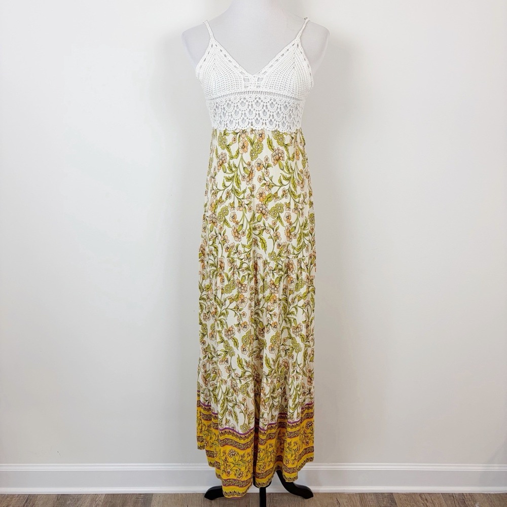 JJ's House Crochet Bodice Maxi Dress Open Knit Floral Boho Smocked S/M Yellow
